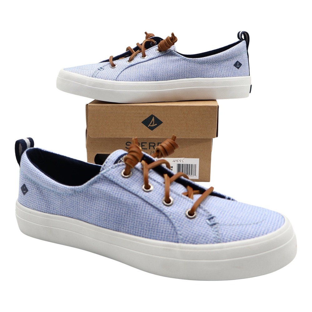 Sperry Crest Vibe Sneaker Womens 7.5 Blue Gingham Canvas Leather Lace STS85817